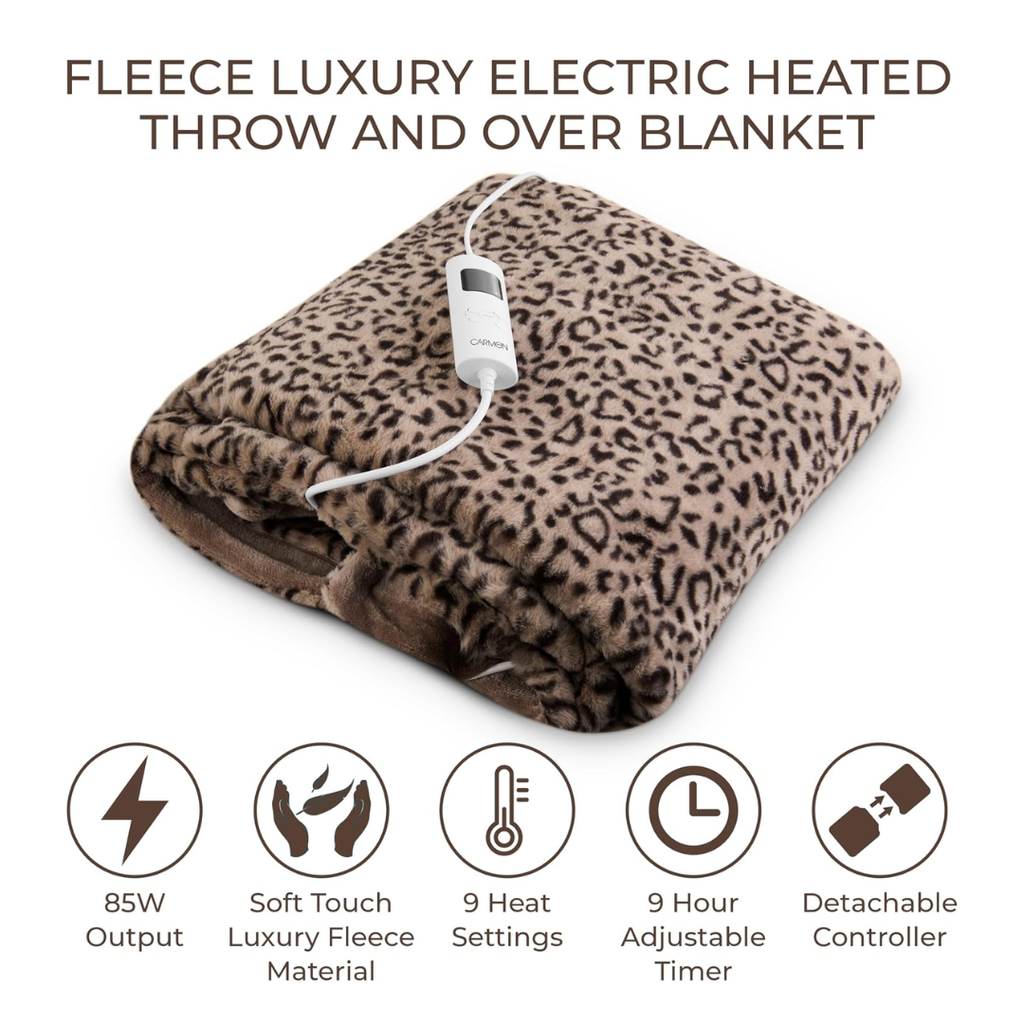 Carmen Luxury Heated Throw Blanket Leopard Fleece 160x130cm