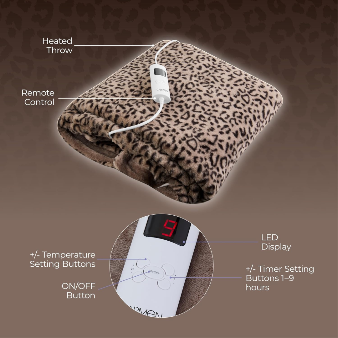 Carmen Luxury Heated Throw Blanket Leopard Fleece 160x130cm