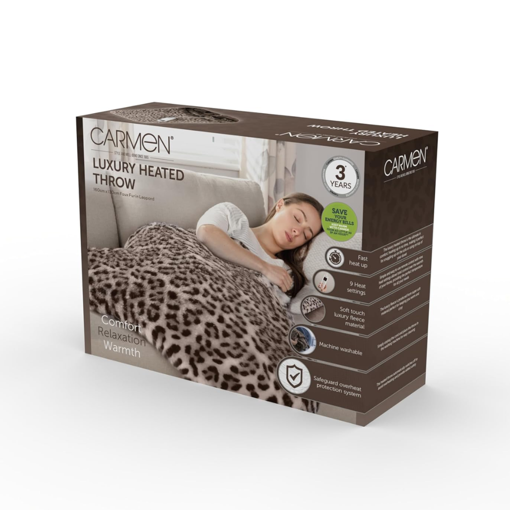 Carmen Luxury Heated Throw Blanket Leopard Fleece 160x130cm