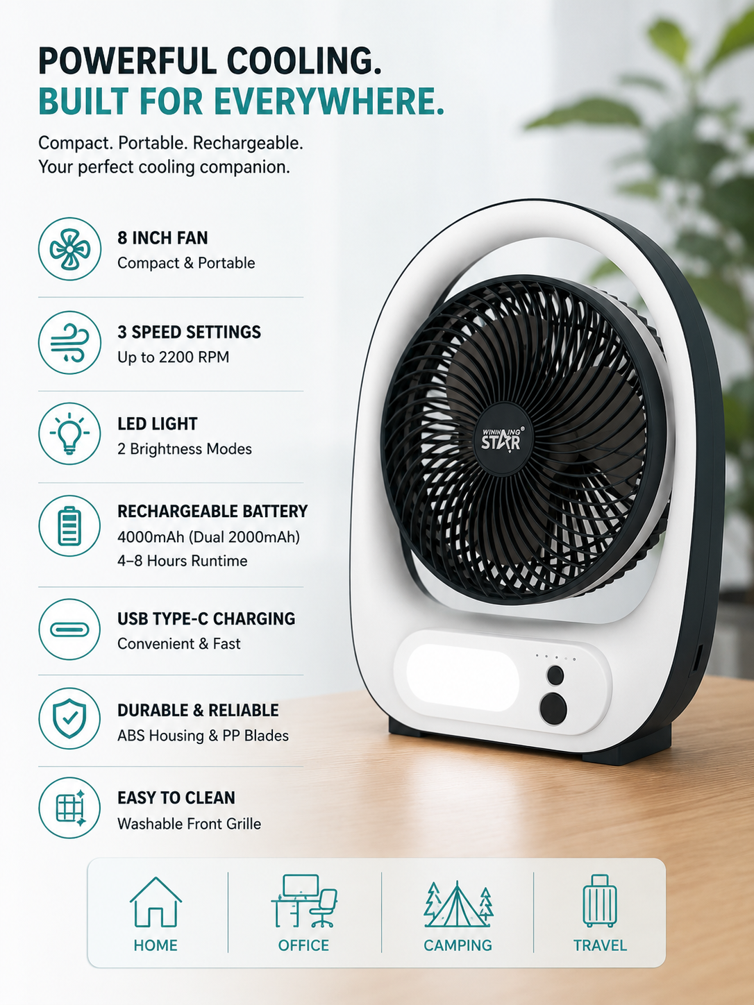 Winning Star Rechargeable USB Table Fan with LED Light – 8"