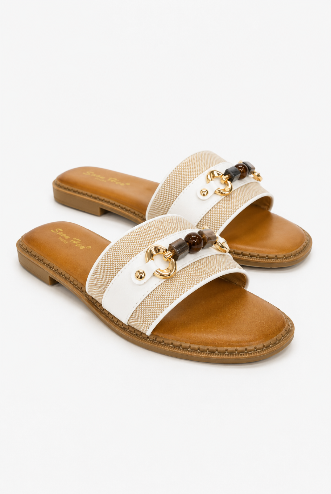 Beige Woven Slide Sandals with Gold Detail