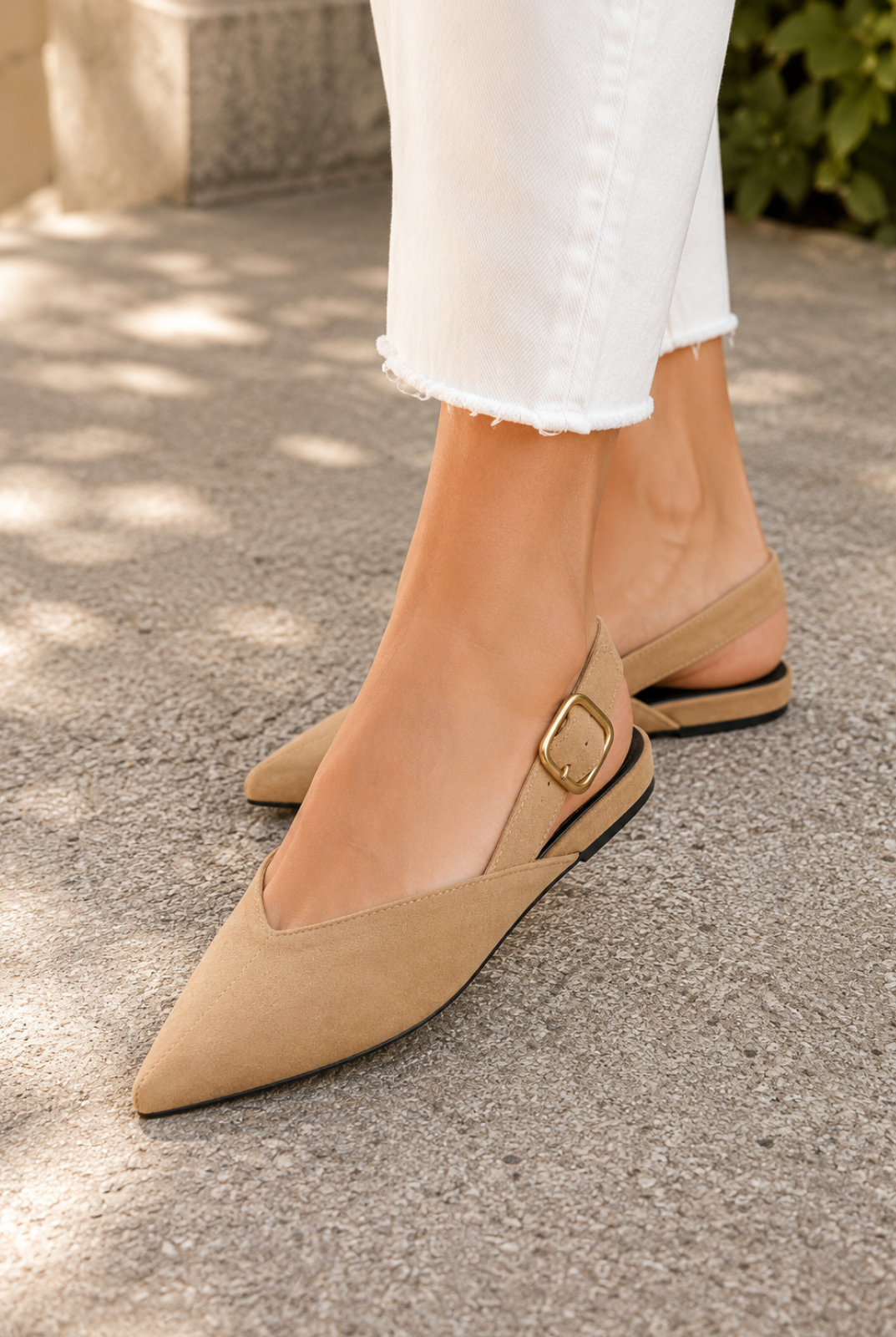 Camel Pointed Toe Slingback Flats
