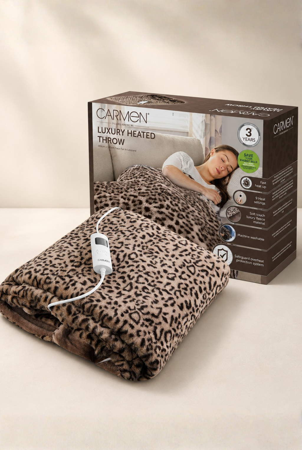 Carmen Luxury Heated Throw Blanket Leopard Fleece 160x130cm