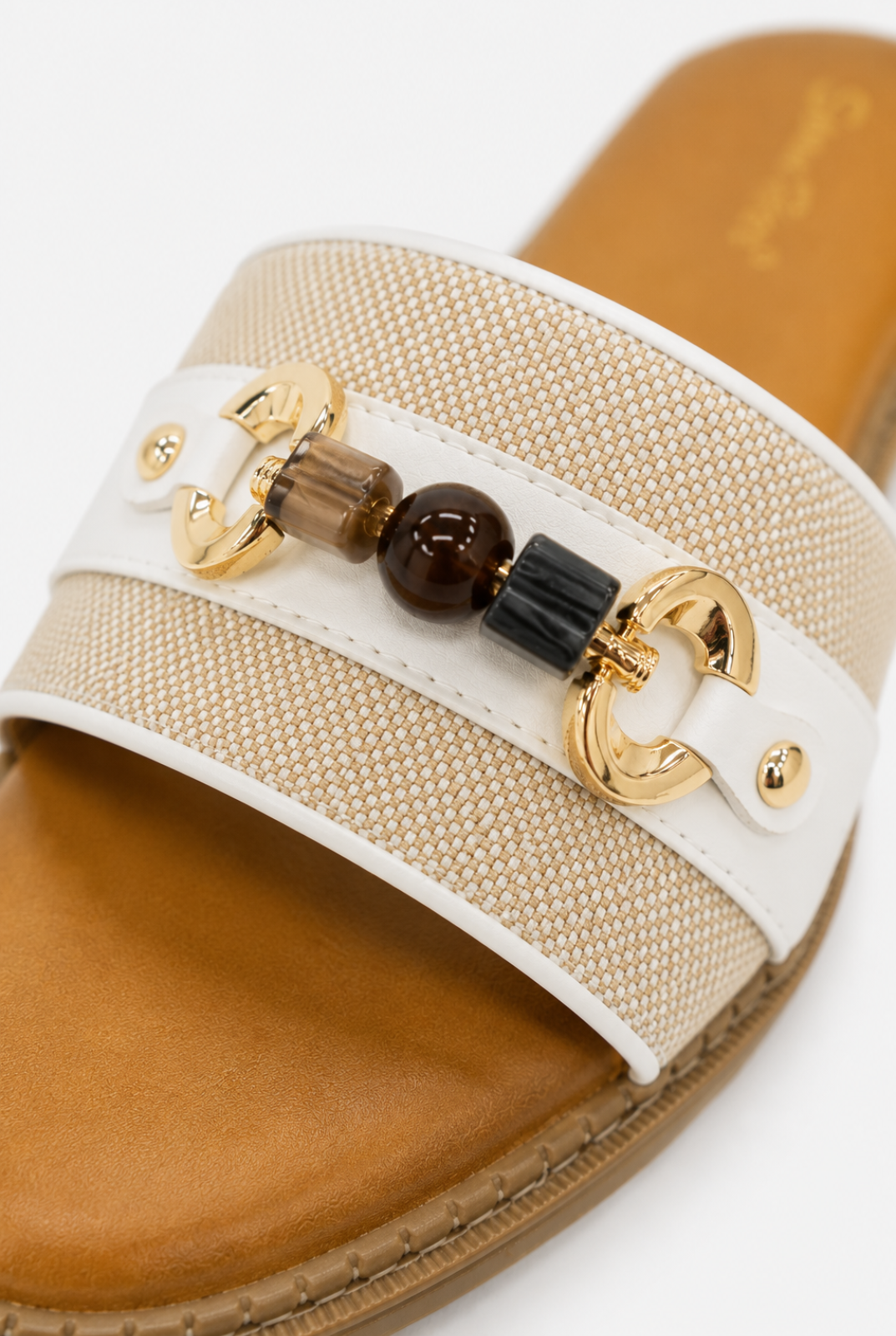 Beige Woven Slide Sandals with Gold Detail