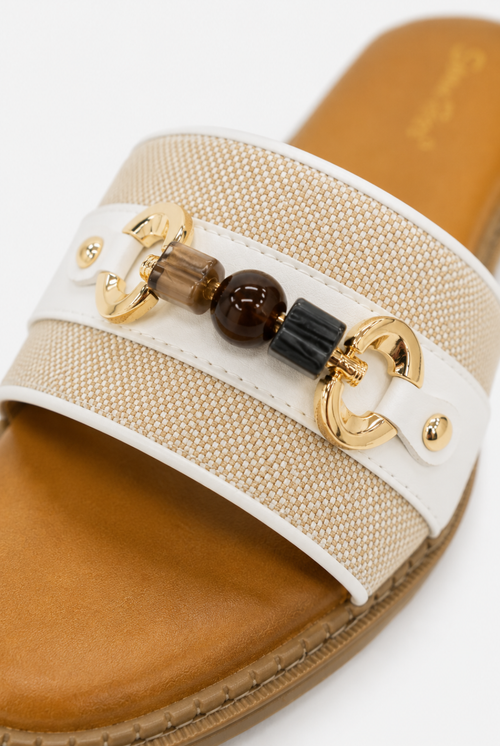 Beige Woven Slide Sandals with Gold Detail