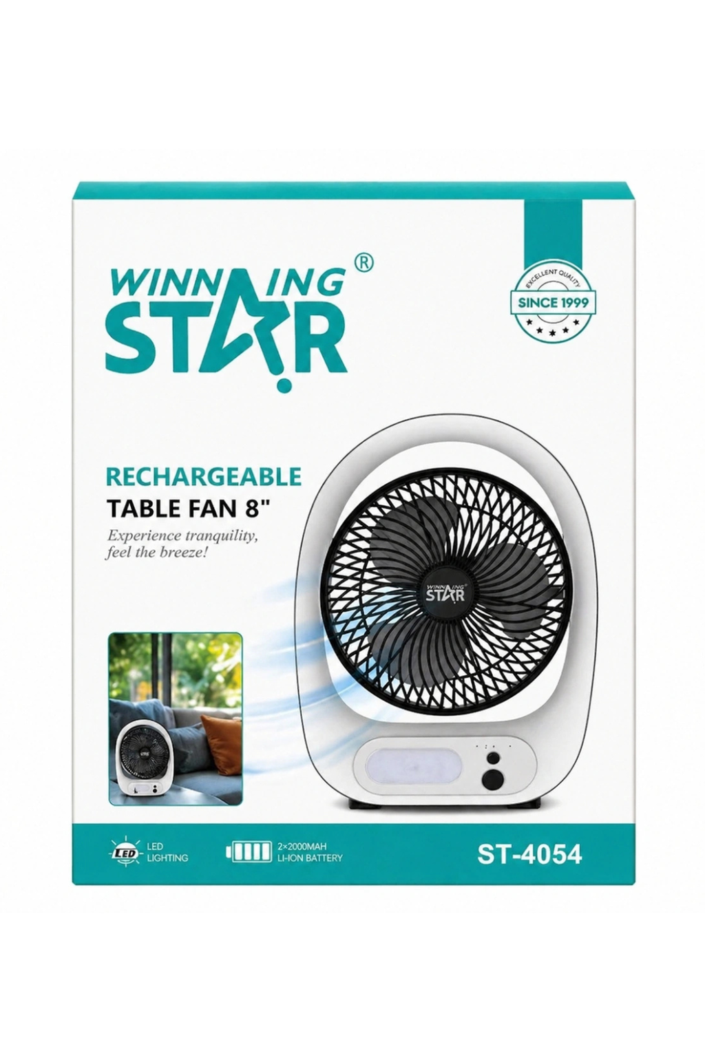 Winning Star Rechargeable USB Table Fan with LED Light – 8"