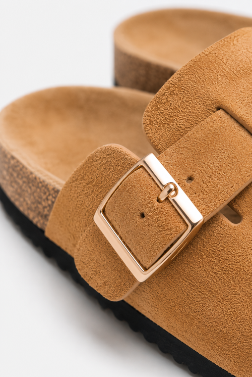 Camel Suede Buckle Clog Mules