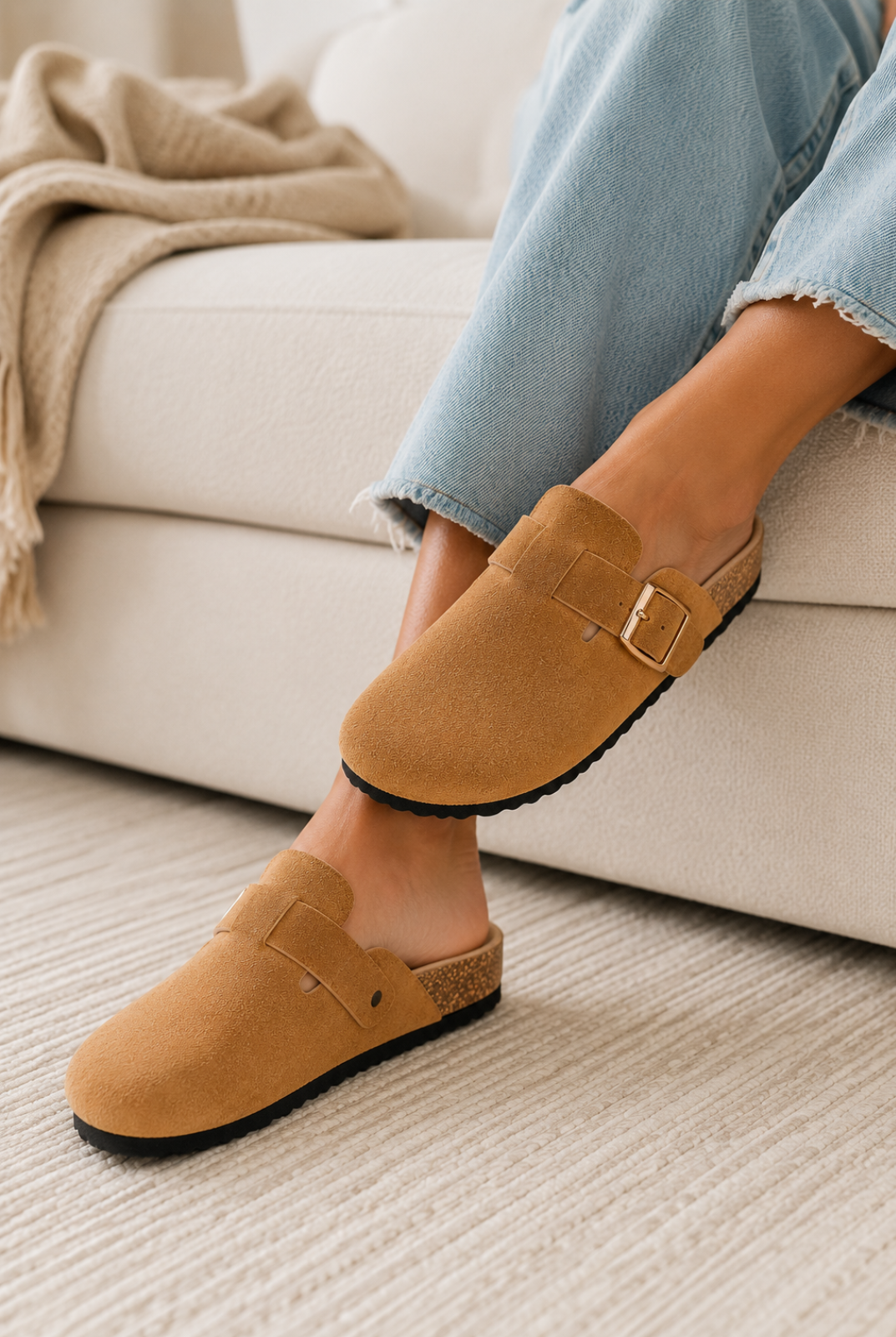 Camel Suede Buckle Clog Mules