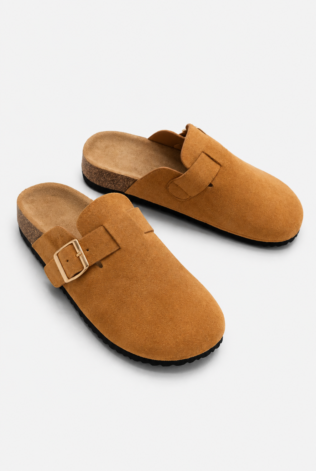 Camel Suede Buckle Clog Mules